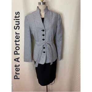 Preta A Porter Black White Suit Jacket Blazer Tie Waist Size 8